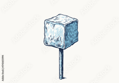 Ice cube resting on a metal pole, showcasing winter's chill, with a textured surface and a cool color palette, evoking a serene and frosty atmosphere