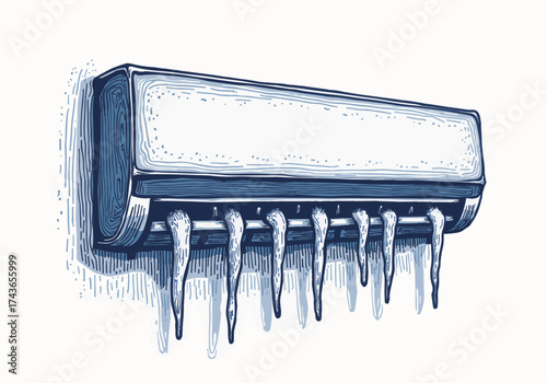 Air conditioner with icicles hanging from the front, showcasing winter's chill and frost, highlighting the contrast between warmth and cold in a domestic setting