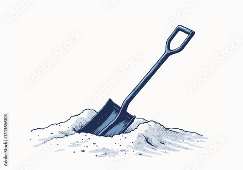 Shovel embedded in a snowbank, showcasing winter's harshness, with a backdrop of soft white snow, emphasizing the struggle against winter's elements and the beauty of the season