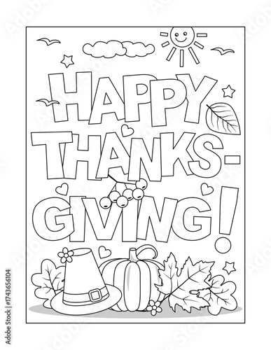 "Happy Thanksgiving!" greeting coloring page, poster, sign, card or banner black and white activity sheet 
