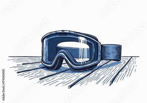 Ski goggles resting on a wooden table, showcasing intricate design details and textures, perfect for winter sports enthusiasts and seasonal activities