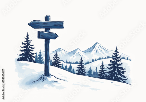 Winter landscape featuring ski trail signs amidst snow-covered mountains and evergreen trees, creating a serene and inviting atmosphere for outdoor enthusiasts and adventure seekers