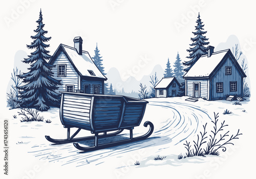 Winter scene featuring a wooden sled in a snowy village alley surrounded by charming houses and evergreen trees, evoking a serene and festive atmosphere
