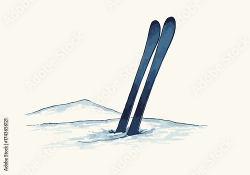 Skis stuck upright in soft snow, creating a winter scene that evokes adventure and tranquility, perfect for winter sports enthusiasts and seasonal imagery