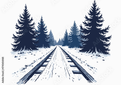 Snow-covered forest scene featuring evergreen trees lining a snowy path, evoking a serene winter atmosphere with subtle tracks leading into the distance