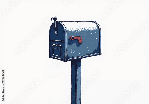 Snow-covered mailbox stands on a post, showcasing winter's beauty with a serene white background, evoking a peaceful seasonal atmosphere and inviting warmth