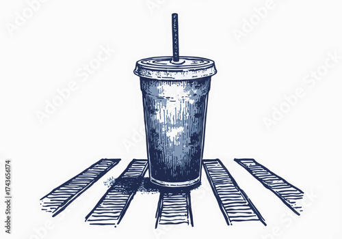 Slush on city crosswalk, a disposable cup with a straw rests on the ground, surrounded by winter textures, capturing the essence of urban winter scenes