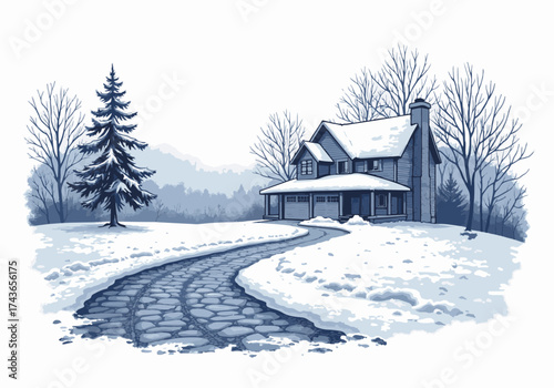 Snow-covered gravel driveway leads to a charming house surrounded by leafless trees, creating a serene winter landscape with a peaceful atmosphere