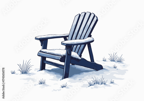 Wooden deck chair covered in snow, surrounded by soft white snow and sparse grass, creating a serene winter scene with a tranquil atmosphere and inviting ambiance