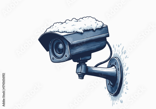 Security camera covered in snow, mounted on a wall, showcasing winter weather conditions and the impact of snow on surveillance technology in a cold environment