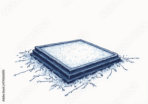 Snow-covered skylight frame resting on a snowy surface, surrounded by delicate frost patterns, creating a serene winter atmosphere with a touch of nature's beauty