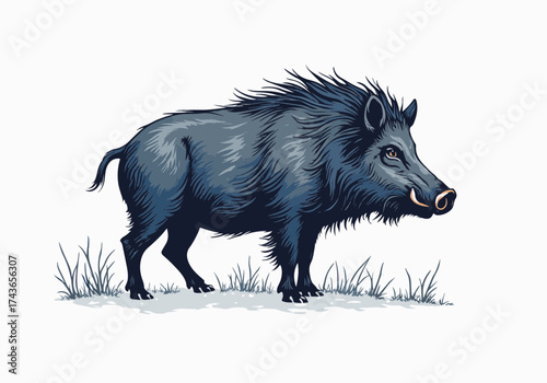 Wild boar standing in snow-covered landscape, showcasing its thick fur and tusks, surrounded by winter scenery, embodying the essence of wildlife in cold environments