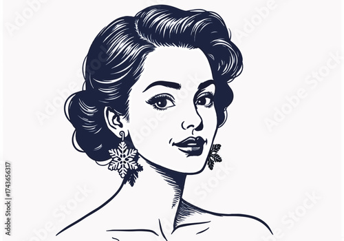 Elegant woman with snowflake earrings, showcasing winter beauty and charm, exuding a graceful aura, perfect for seasonal themes and holiday celebrations