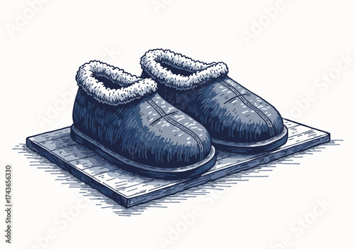 Cozy wool slippers resting on a wooden floor mat, embodying warmth and comfort during the winter season, perfect for indoor relaxation and leisure moments