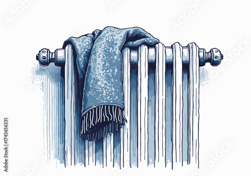 Cozy winter scene featuring a wet blue scarf draped over a vintage radiator, illustrating warmth and comfort in a chilly atmosphere with soft textures