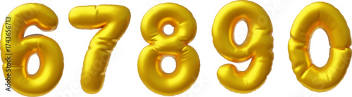 Realistic 3D volume gold foil inflated balloon number six seven, eight, nine, zero, vector numeric font symbol 6 7 8 9 0