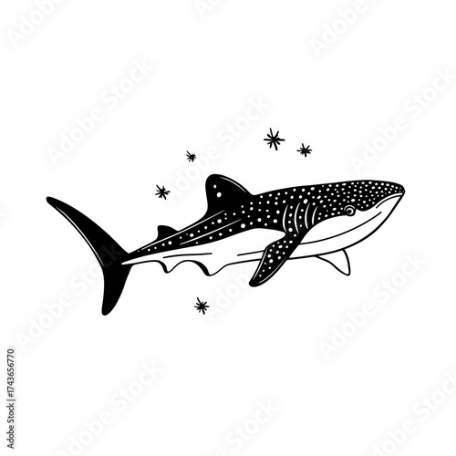 Whale Shark. Whale Shark simple black and white line art vector logo