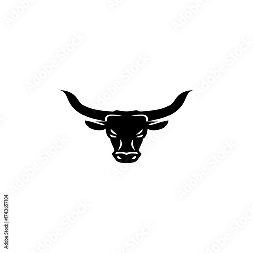A black and white graphic of a bull's head facing forward. Large horns curve outward