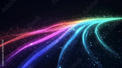 Bright colorful ribbons with sparkling particle effects on dark backdrop.