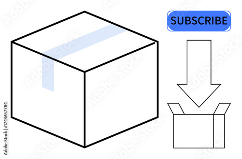 Sealed package beside subscribe banner with arrow pointing to open box, illustrating e-commerce, delivery, and subscription concepts. Ideal for logistics, retail, shipping, branding, marketing