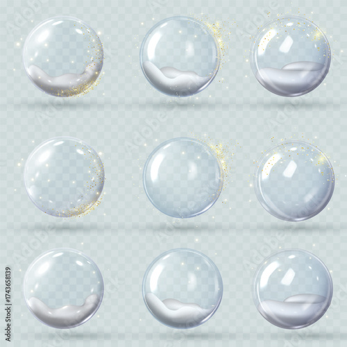 Realistic 3D glass ball with snow and golden glitters, glossy volume transparent glass sphere, crystal bubble vector set