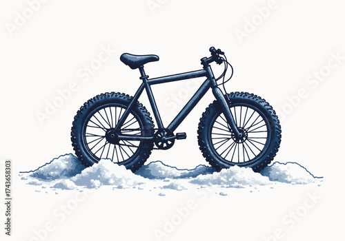 Black bike with snow tires resting on a snowy surface, showcasing winter cycling, surrounded by a serene winter landscape, perfect for outdoor adventure enthusiasts