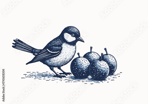 Bird pecking at frozen fruit in winter scene, showcasing nature's beauty and wildlife interaction with seasonal elements in a serene environment