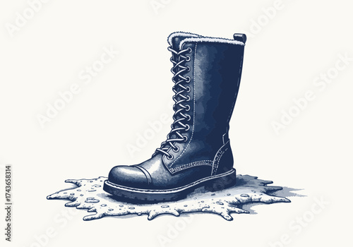 Winter boot resting in icy puddle, showcasing detailed laces and texture, surrounded by a frosty environment, emphasizing the cold season concept and footwear design