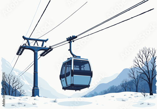 Cable car suspended above snowy landscape, surrounded by frosty trees and mountains, creating a serene winter atmosphere with a sense of adventure and tranquility