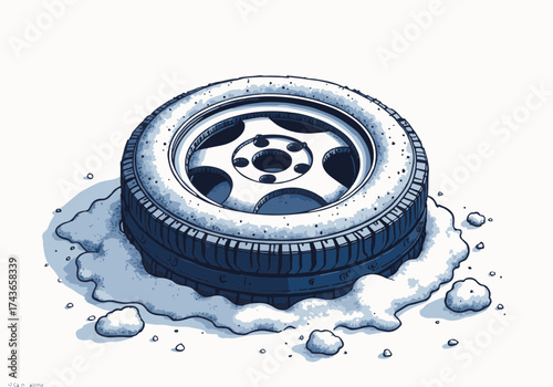 Car tire resting in slush surrounded by snow, showcasing winter conditions and the challenges of driving in cold weather, emphasizing the need for proper winter tires