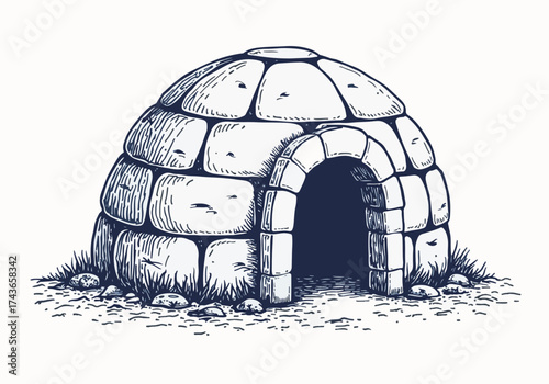 Igloo structure made of snow blocks, showcasing intricate details and textures, surrounded by a winter landscape, representing traditional snow architecture and craftsmanship