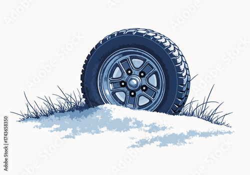 Car wheel partially buried in snow, surrounded by grass, illustrating winter challenges and the struggle of vehicles in snowy conditions with copy space