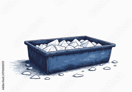 Cow trough filled with ice, surrounded by scattered snow, showcasing winter elements and textures, emphasizing the cold season's impact on rural settings and livestock care