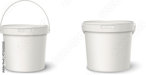 Realistic plastic container buckets with lid and handle for ice cream, jam and other products package, vector 3D mock up