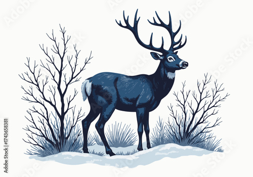 Majestic deer standing gracefully in a snowy winter thicket, surrounded by bare trees and soft white snow, embodying the serene beauty of a winter landscape