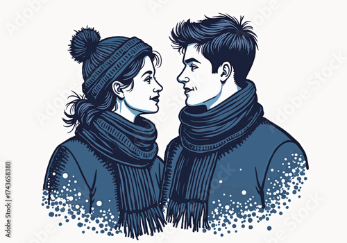 Couple in woolen scarves gazing at each other, surrounded by a winter atmosphere, showcasing warmth and connection in a snowy setting