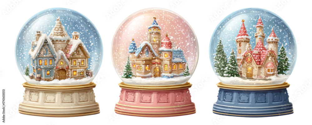 Fototapeta premium Colorful Snow Globes with Winter Scenes and Charming Houses