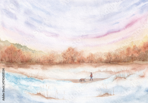 Early spring rural landscape A girl walks with her dog on a path through snowdrifts on an early spring morning against the backdrop of leafless trees and a sky watercolor painting