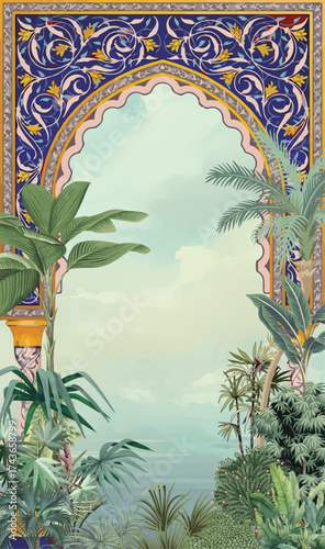 Mughal Garden Illustration, Mughal Wedding Card ,Indian Wedding Card Design for invitation, Watercolor Background.