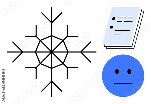 Snowflake alongside a plain face and documents symbolizing indifferent reactions, rejection, or detachment. Ideal for critique, evaluation, minimalism, isolation, analysis, impersonal communication