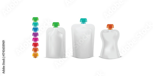 Flexible pouch up bag mockup with spout lid colorful options, realistic 3D doypack food drink product package vector set