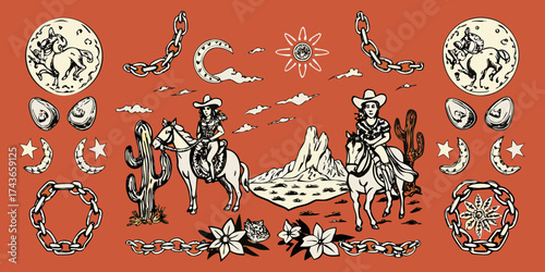 Stylized western scene with two cowgirls on horses amidst cacti and desert landscape