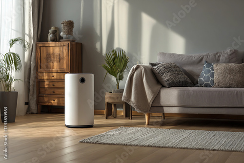 air purifier : home air purifier, clean air, water purifier, air purification,  healthy life, Smart air purifier placed beside a sofa in modern living room