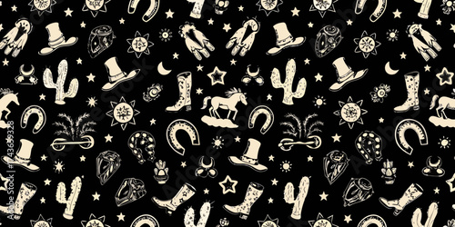 Whimsical western pattern featuring cowboys hats boots cacti horseshoes and stars on black background