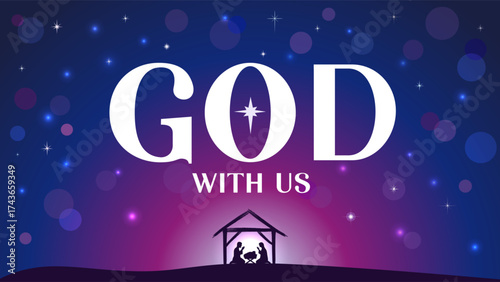 God with us, Immanuel - church banner with Bible quote typography, star and Nativity scene. Holiday concept for sermon series - Jesus lives within those who trust in Him. Vector illustration