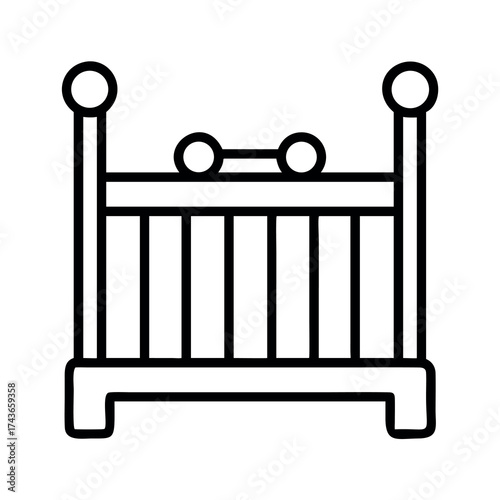 Simple line art icon of a baby crib with rounded top rails and vertical slats