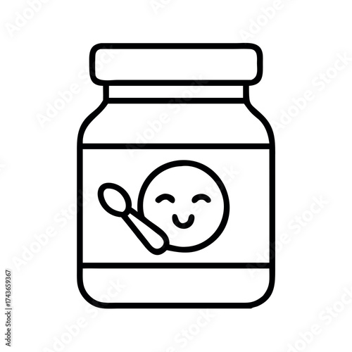 Simple line art icon of a baby food jar with a smiling face and spoon