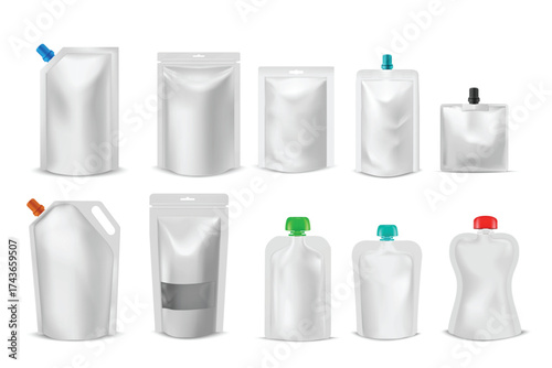 Set of blank doy pack mockups, different shapes, with closed zippers and colored lids with spouts.