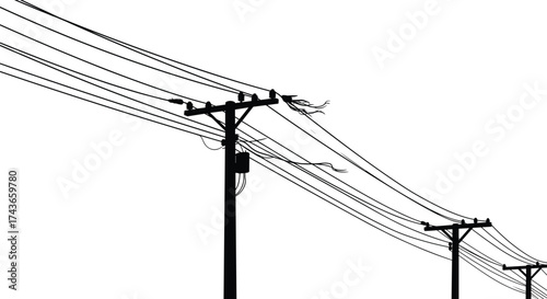 Utility poles silhouette with multiple power lines, electricity distribution infrastructure, industrial energy network, urban communication cables, high voltage wires, perspective depth,