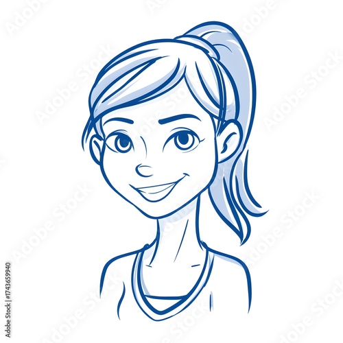 A cartoon illustration of a young woman with a ponytail smiling against a white background vector art